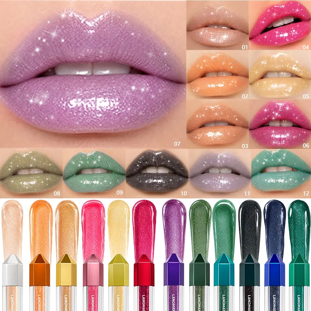 Crystal Diamond Shimmer Lip Gloss, Glimmer Gloss, 12 Colors Sparkly Glitter Liquid Lipstick, High Shine Glassy Juicy Lip Plumper Gloss Moisturizing Shiny Lip Makeup for Women