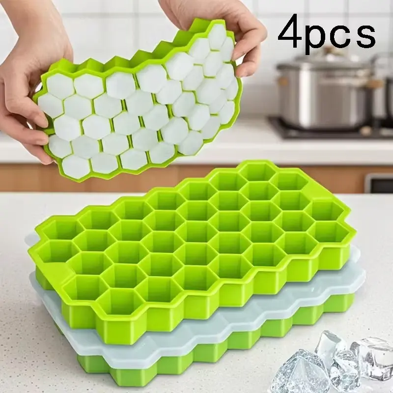 37-Cell Honeycomb Silicone Ice Cube Tray with Leak-Proof Dust Cover, Bendable Hexagonal Ice Mold, Stackable Food Grade, Ideal for Drinks, Drink Accessories, Beverage