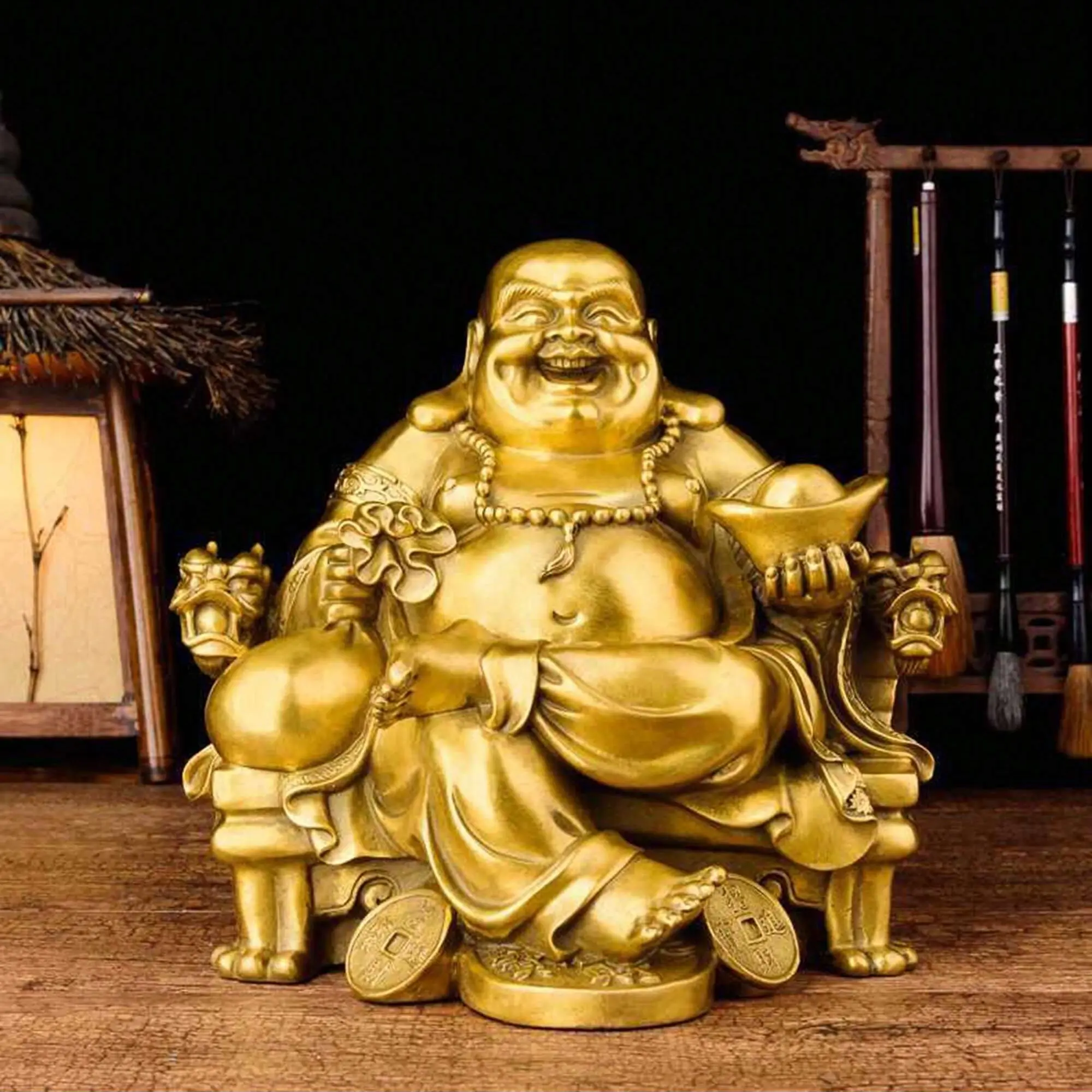 Resin Buddha Statue, Symbolizing Good Luck and Happiness, Laughing Buddha on Imperial Dragon Throne, Home Decor, Religious Decor, Gift for Holidays