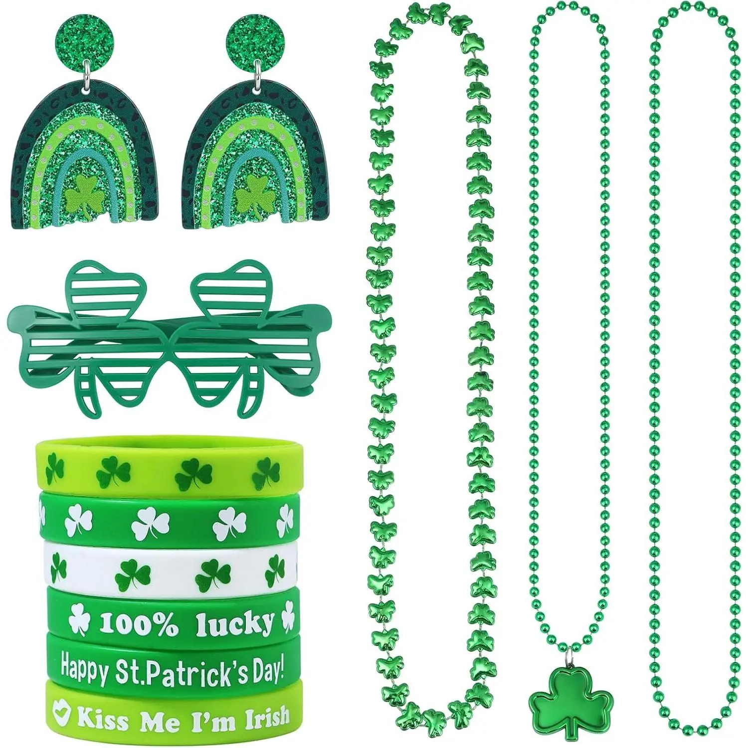 St Patricks Day Accessory Set – Earrings Necklace Bracelet Glasses, Irish Party Favor Kit for Women
