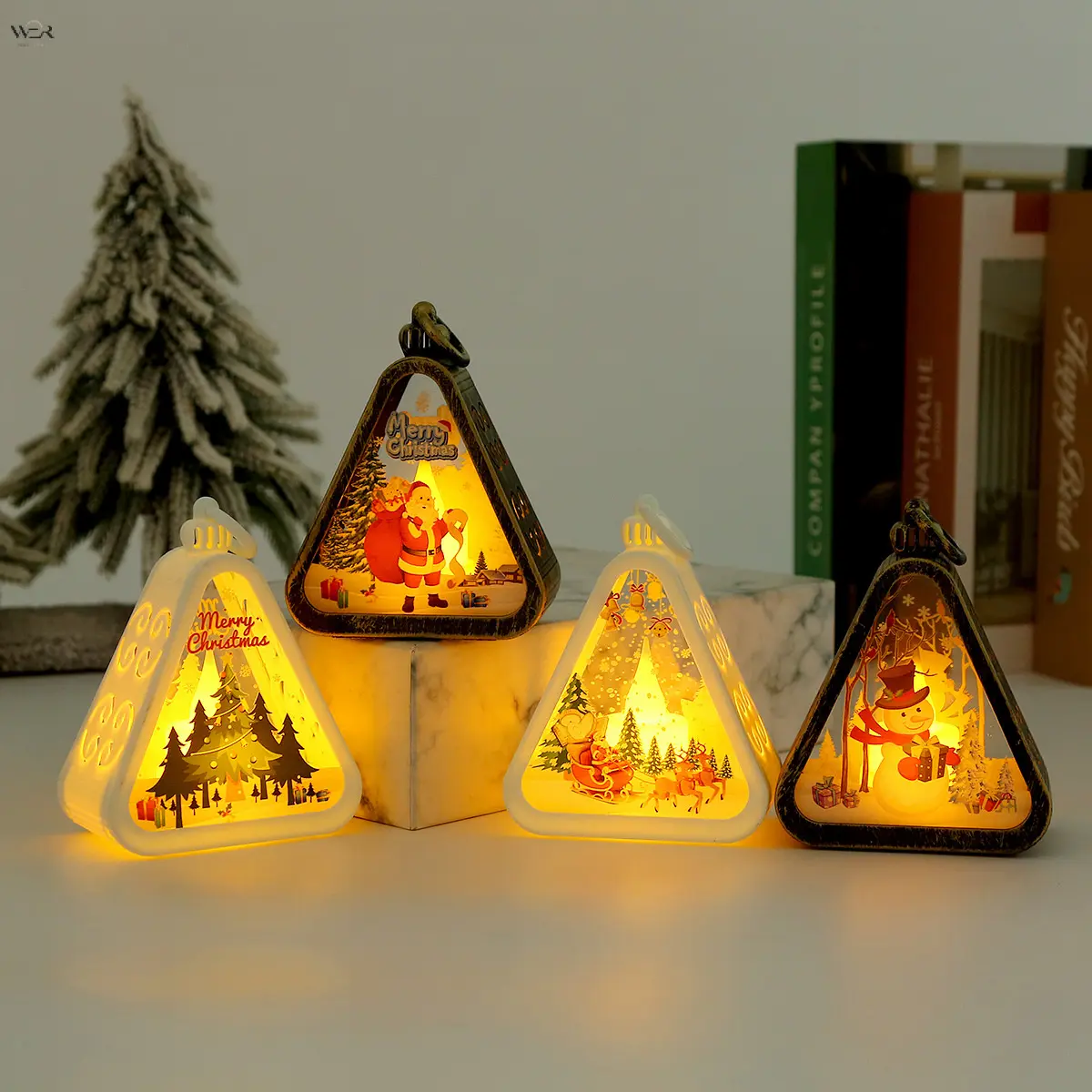 Plastic Triangle Christmas LED Night Light Mini Hanging Lantern - Xmas Window Decoration, Desktop Decor Lamp with Santa, Snowman, Reindeer, Christmas Tree Patterns, 3 Frame Colors, 4 Scene Designs, Holiday Ornament Gift (11.5*8.9*5.2cm)