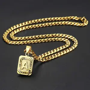 14K Gold Plated Initial Letter Pendant Necklace for Men Women, A-Z Capital Square Alphabet Tag Charm, 5mm 22 Inch Solid Curb Cuban Link Chain Choker, Personalized Custom Name Initial Jewelry Gift for Birthday Valentine’s Day Anniversary