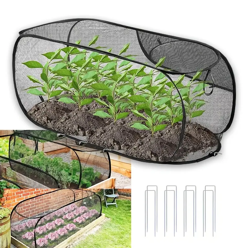WS--Foldable Pop-up Mesh Plant Greenhouse Cover, Light Pop-up Elevated Flower Bed Cover-protective Cage With 8 Ground Piles, Plant Breathable Sunshade Tent, Mesh Perspective Design, Strong Structure, Barrier Function, Bird And Animal Prevention