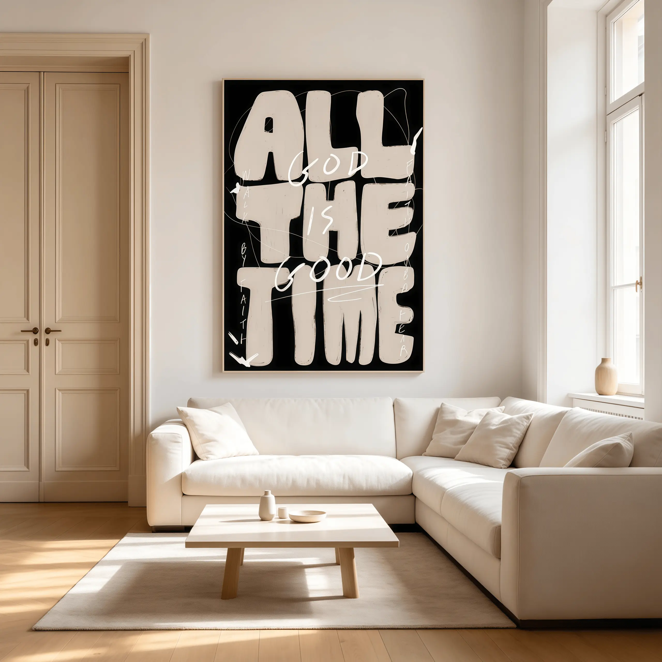 Modern Christian Wall Decor With "GOD. ALL. THE TIME. & GOOD. ALL. THE TIME. FAITH. ALL. THE TIME." - Black & White Minimalist Bible Verse Art In Beige/Gray/White - Vertical Inspirational Scripture Print For Home, Church, Christian Wall Art,