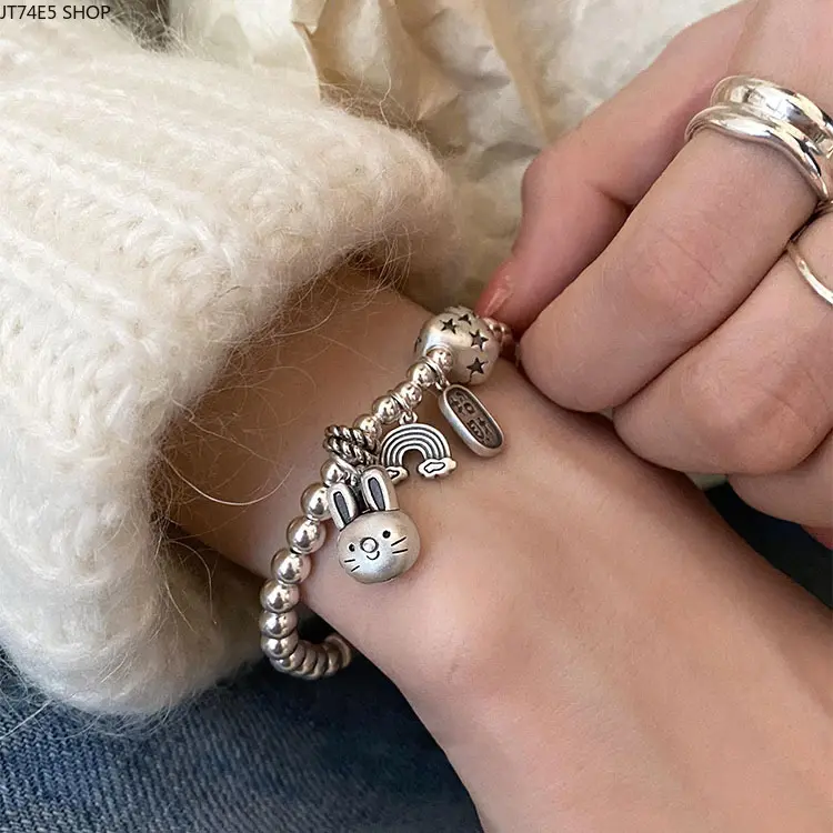 Women's Light Luxury Niche Beaded Bracelet with Rabbit-Bamboo Love Beaded Charms, National Flair, Retro High-End Design, Adjustable Size, Ideal for Daily Outings, Female Wear Fashion Accessory Wholesale