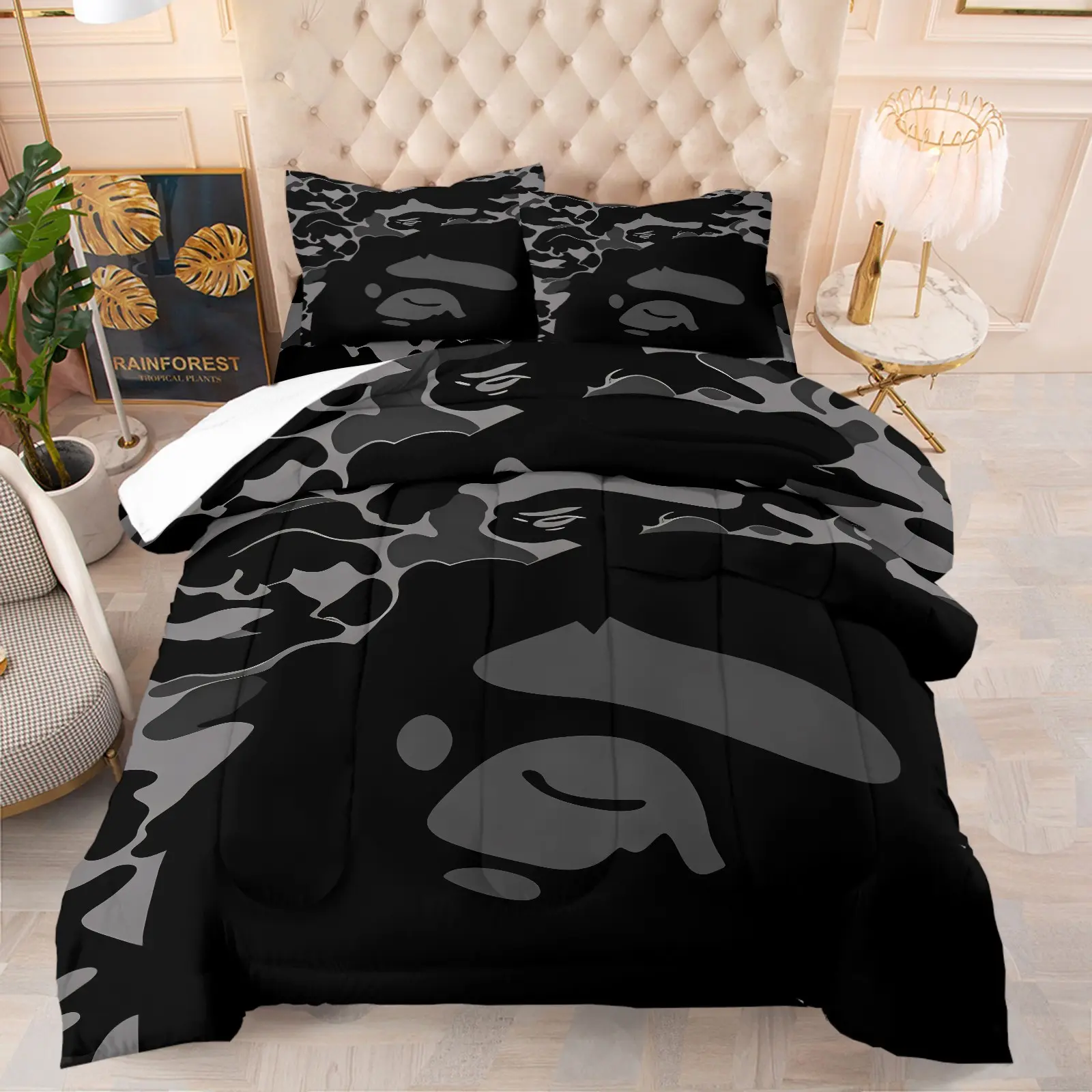 Black and Grey Camo Ape Silhouette Comforter Set, Durable Household Bedding Set, 1 Quilt & 1/2 Pillowcases, Soft Comfy Washable All-Season Microfiber Fabric, Ideal for Apartment & Dorm