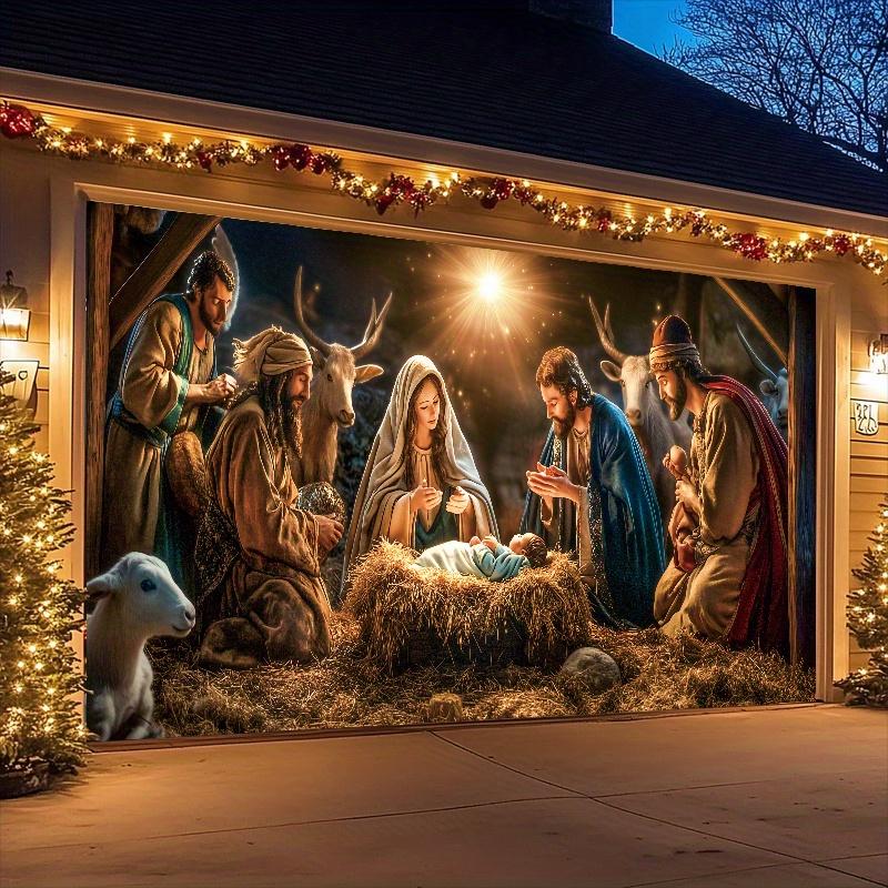 1 religious character nativity scene garage door banner Large polyester tapestry with Mary and Joseph outdoor holiday decoration, perfect for holiday and party atmosphere poinsettia artificial