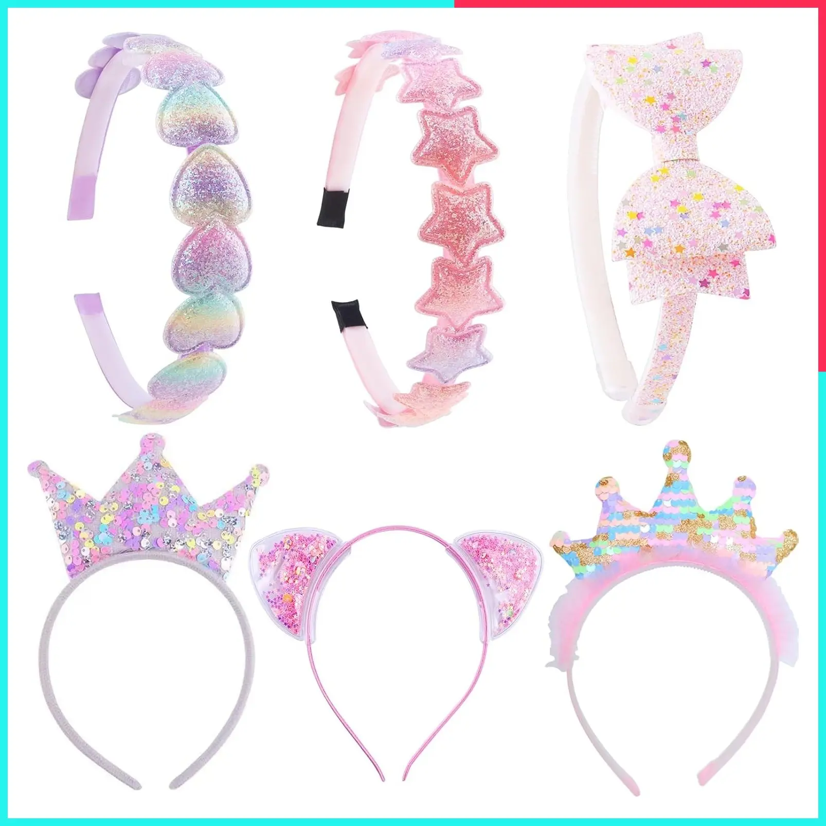 6 Pack Glitter Headbands for Girls - Cat, Bow, Heart, Star & Crown Hair Accessories for Toddlers to Teens