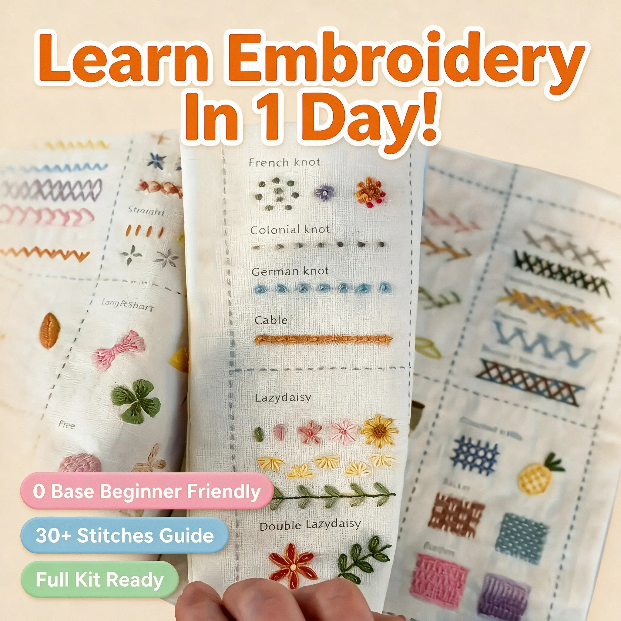 Embroidery Stitch Practice Kit for Beginners, Home Embroidery, Master 30+ Stitches in One Day, Complete DIY Embroidery Supplies, Perfect Gift for Craft Lovers