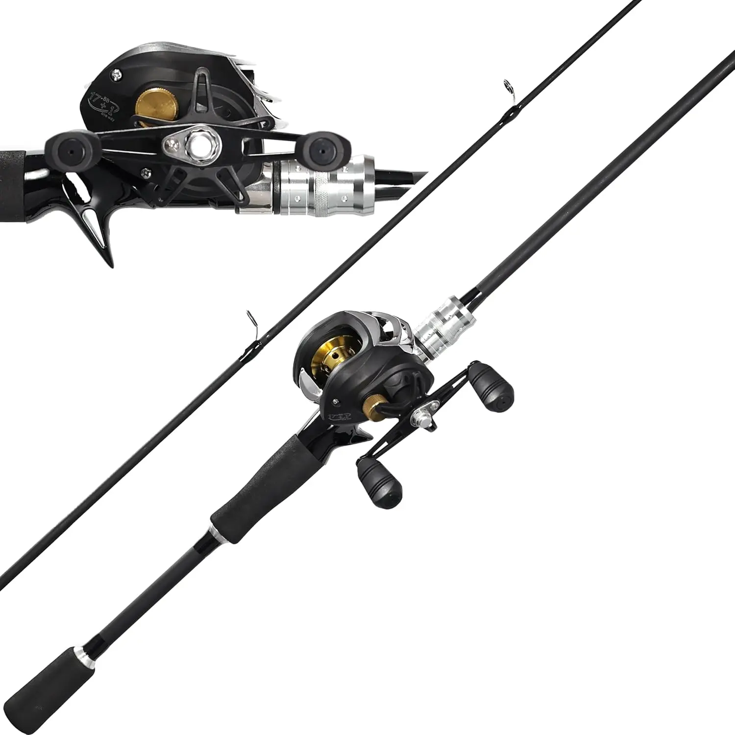 Fishing Rod and Reel Combo, Black Color Baitcasting Combo Baitcast Reel, 2- Baitcaster Rod, Durable Fiberglass with Comfortable EVA Handle