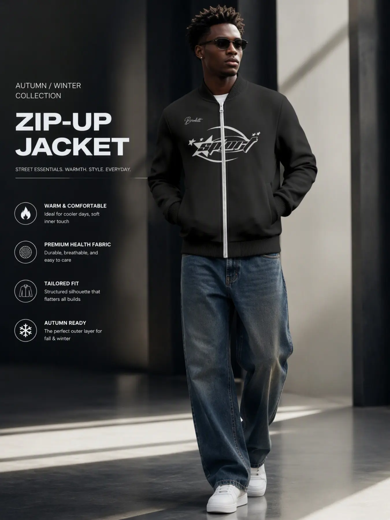 Men's Minimalist Sporty Logo Full Zip Bomber Jacket, Retro Cyberpunk Print Baseball Collar Windproof Jacket, Streetwear Fall Winter Coat