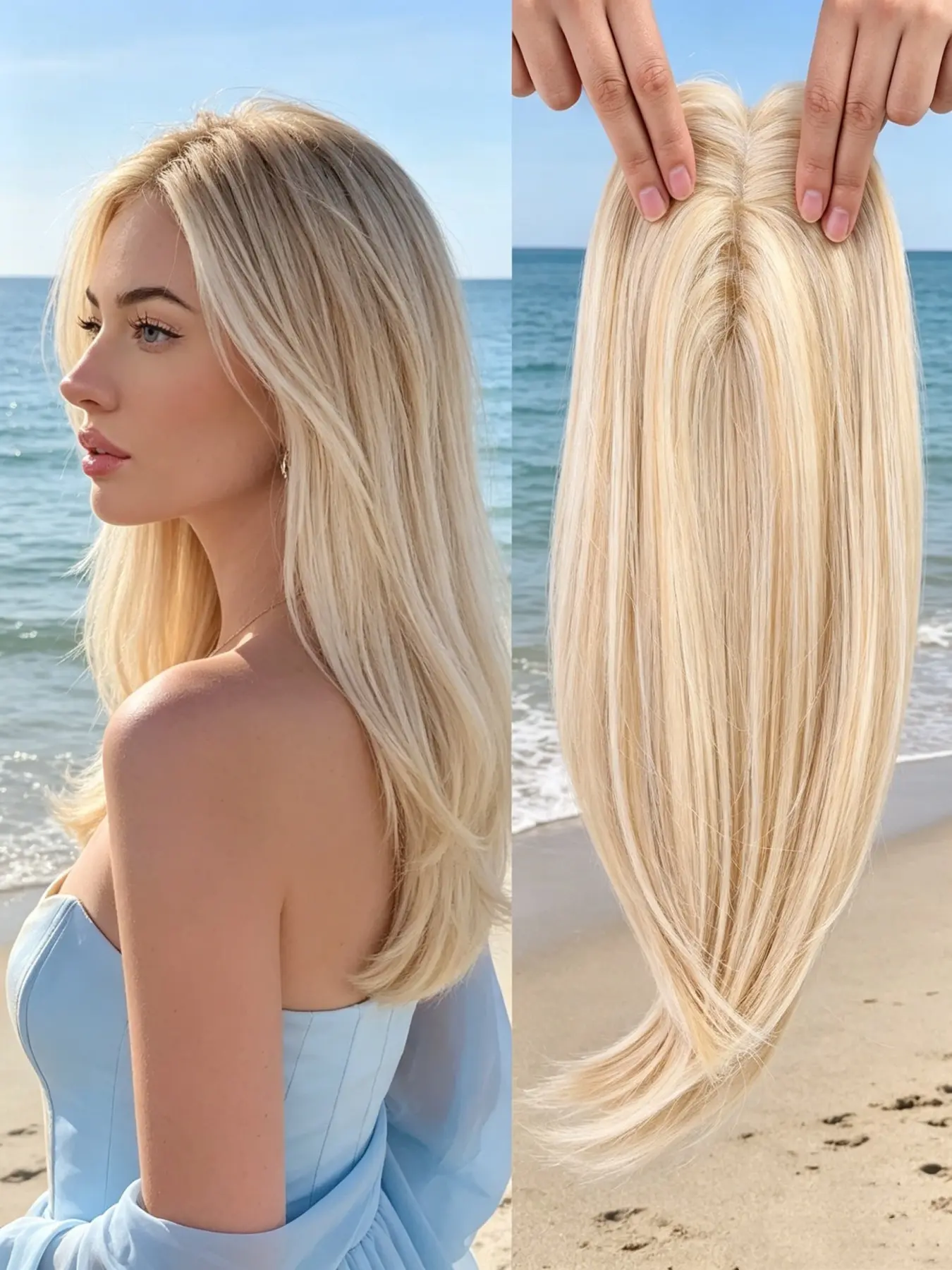🎀Summer Must-Have Platinum Blonde Hair Topper! Straight Clip-In Piece with Soft Curtain Bangs, Smooth Kanekalon Synthetic Fibers, Fix Thin Hair For Beach Dates & Office Hairstyles