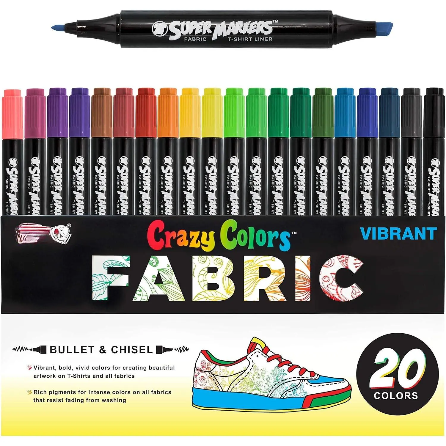 Super Markers 20   Tip Fabric Markers - Fine & Chisel Point Pens Fabric Marker Permanent for Clothes, T-Shirts - Permanent Ink Eye-Catching  & Bold Colors
