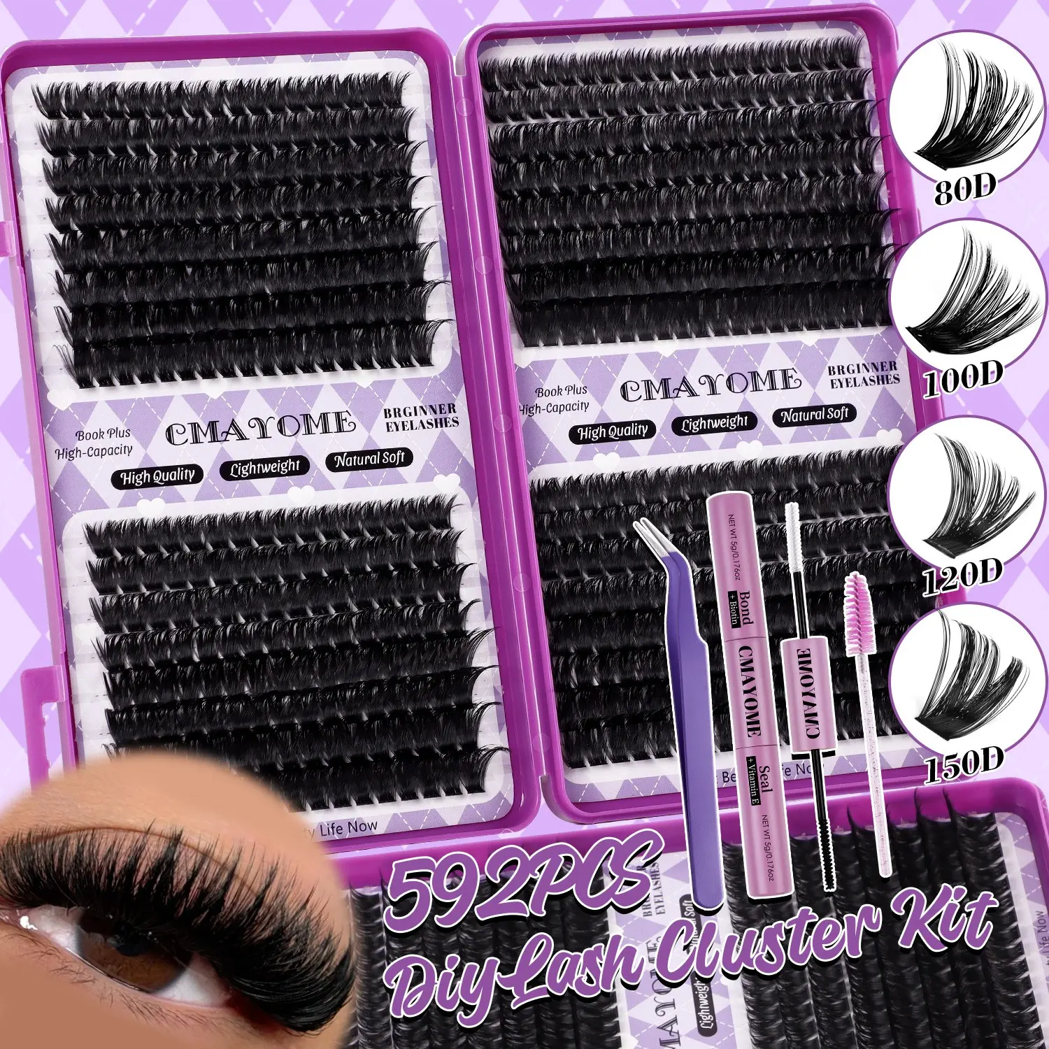 Multiple options: 640/592/576 Clusters, Fluffy Eyelashes Cluster, Cluster False Eyelashes, Thick Individual Eyelash Kit, 10D-150D Mixed Density, with Glue & Tools, Eye-Enhancing, Waterproof, Sleep-Proof, Long-Lasting, For Daily, Outdoor, Dates, Festivals