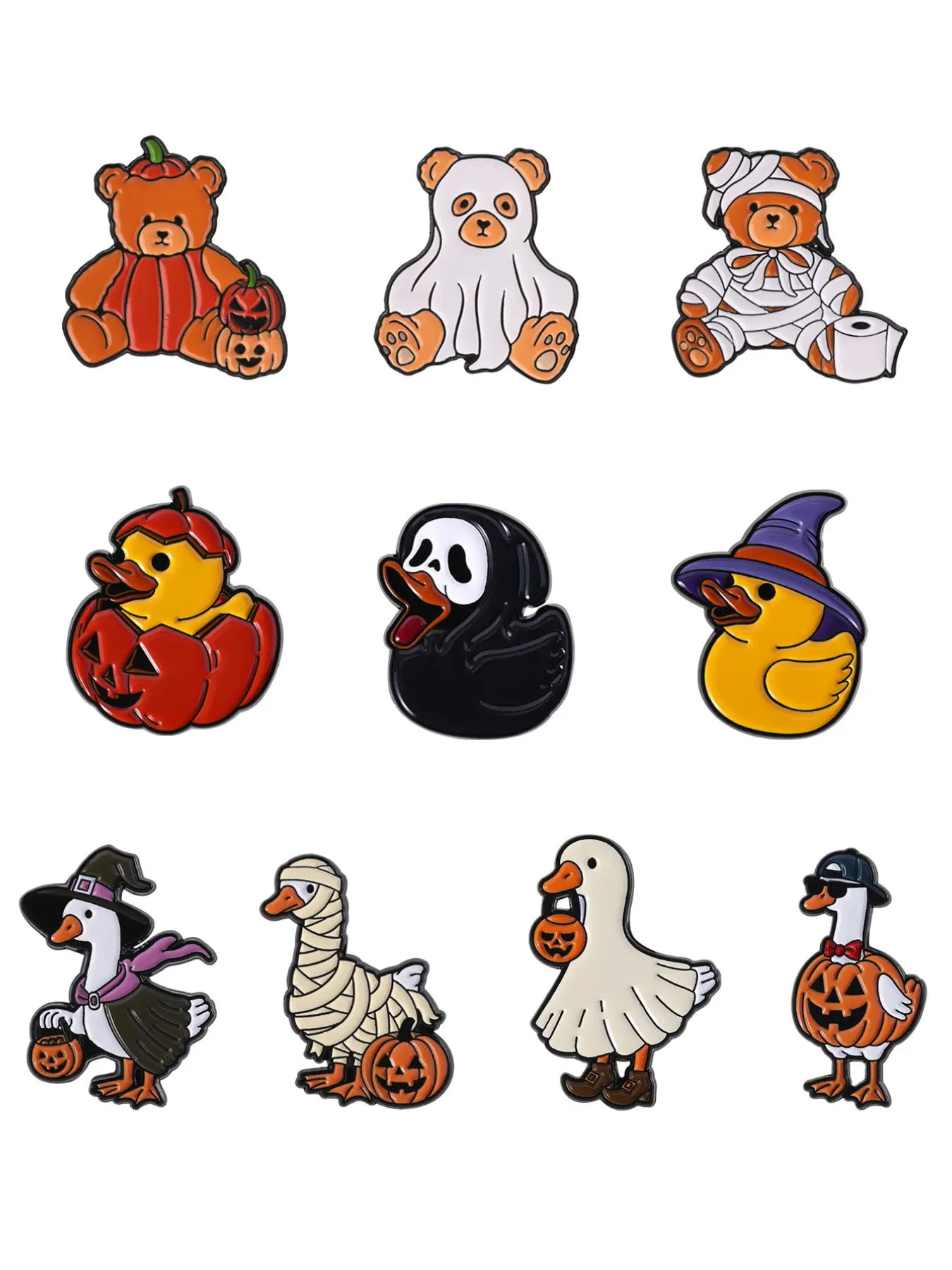 Cute Halloween Animal Enamel Brooch Set, Spooky-Cute Duck Bear Goose Lapel Pins, Aesthetic Holiday Accessory for Bag Jacket