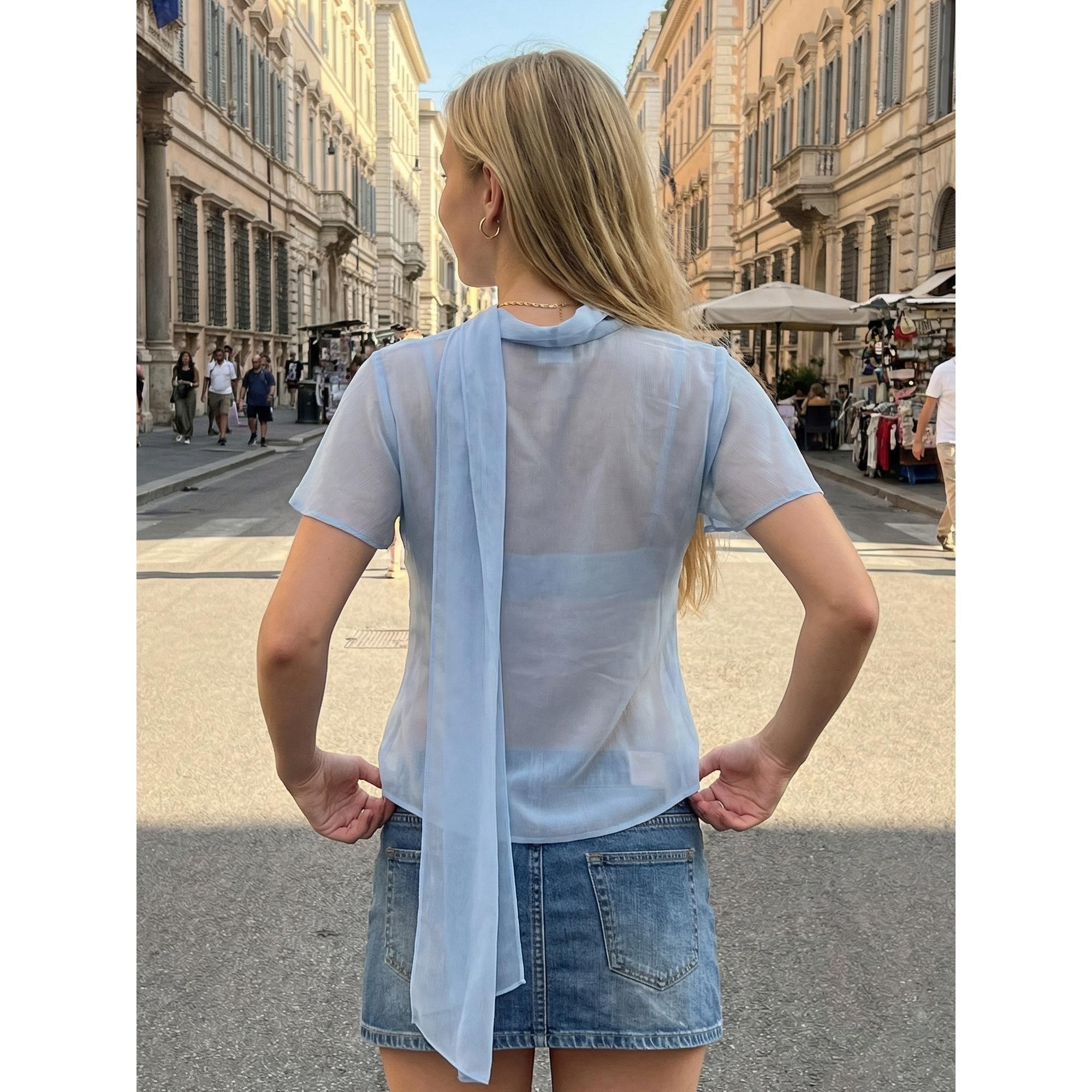 Women Summer T-Shirt Casual Sheer V-Neck Flutter Sleeves Tops with Scarf for Streetwear Aesthetic Grunge Clothes