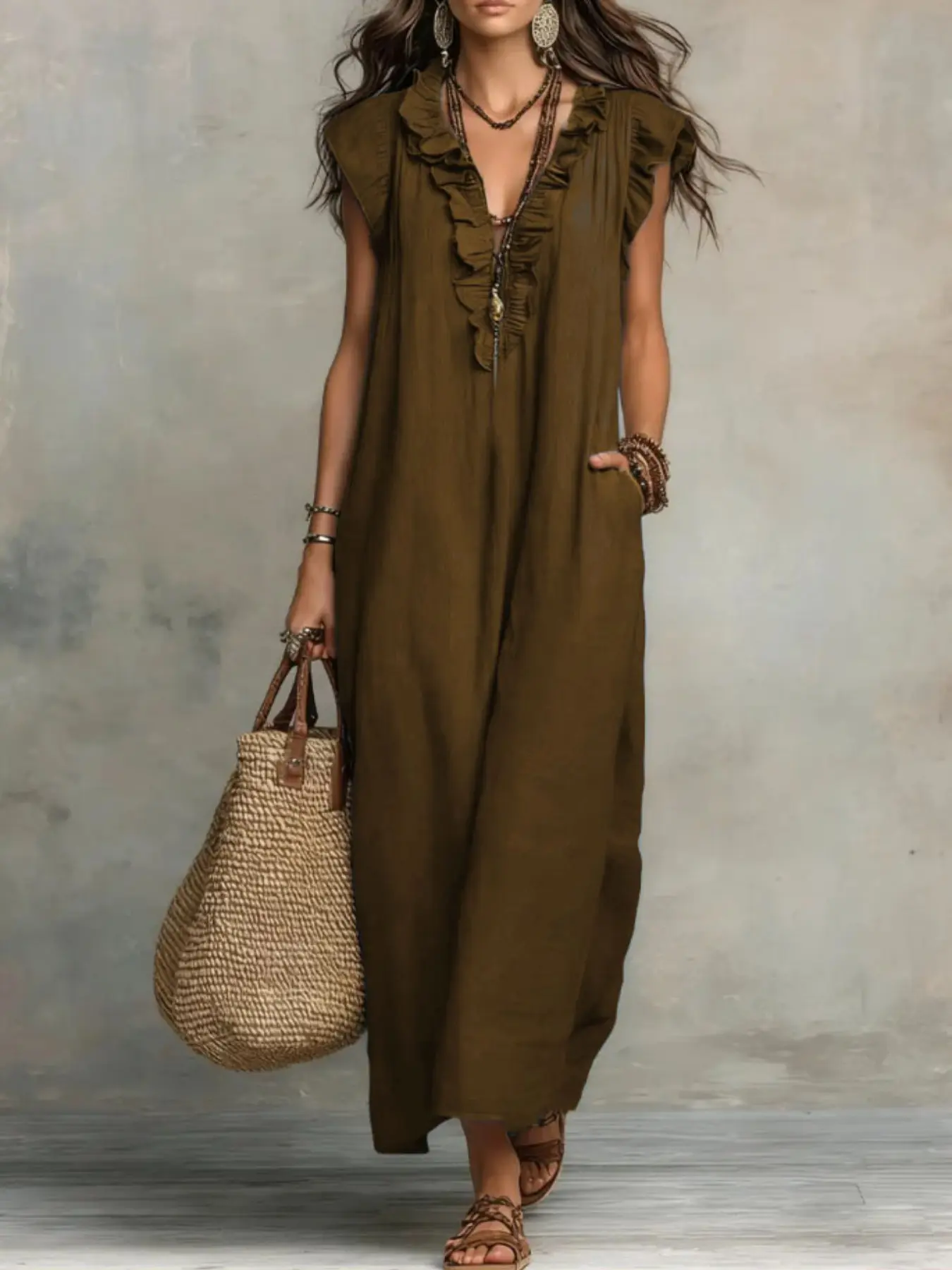 Boho Style Long Dress with Flutter Sleeves, Comfortable Loose Fit, 16 Colors Available, Spring Summer 2026 New Arrival