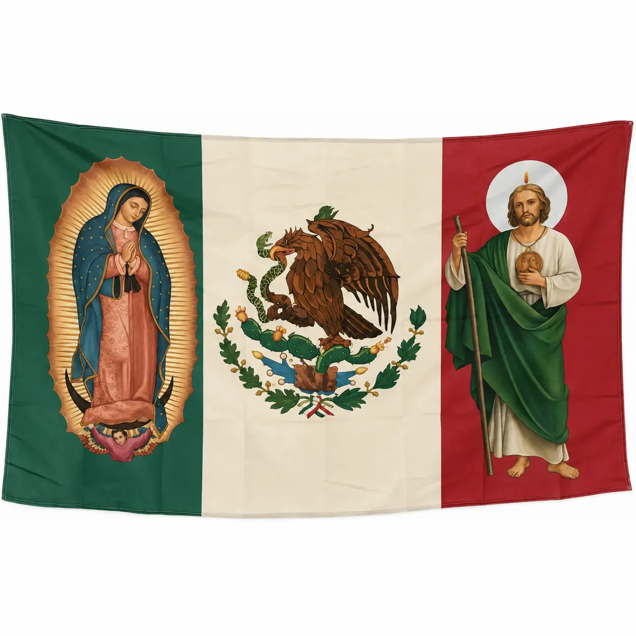 Our Lady of Guadalupe & Saint Jude Mexican Flag Tapestry, 5ft x 3ft (60in x 40in) Peach Skin Fabric Wall Hanging, Religious Decor, Cultural Gift for Bedroom & Prayer Room, Home Decor Table Photo Accent
