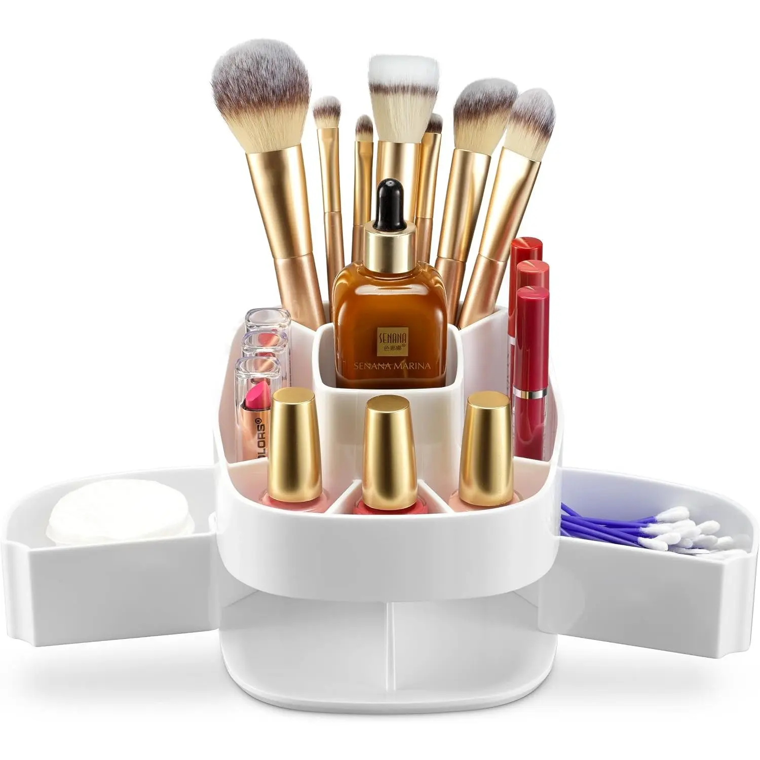 Small 360 Rotating Makeup Organizer, 5 Compartments, Square White |  Mini Lazy Susan,  Bathroom Counter