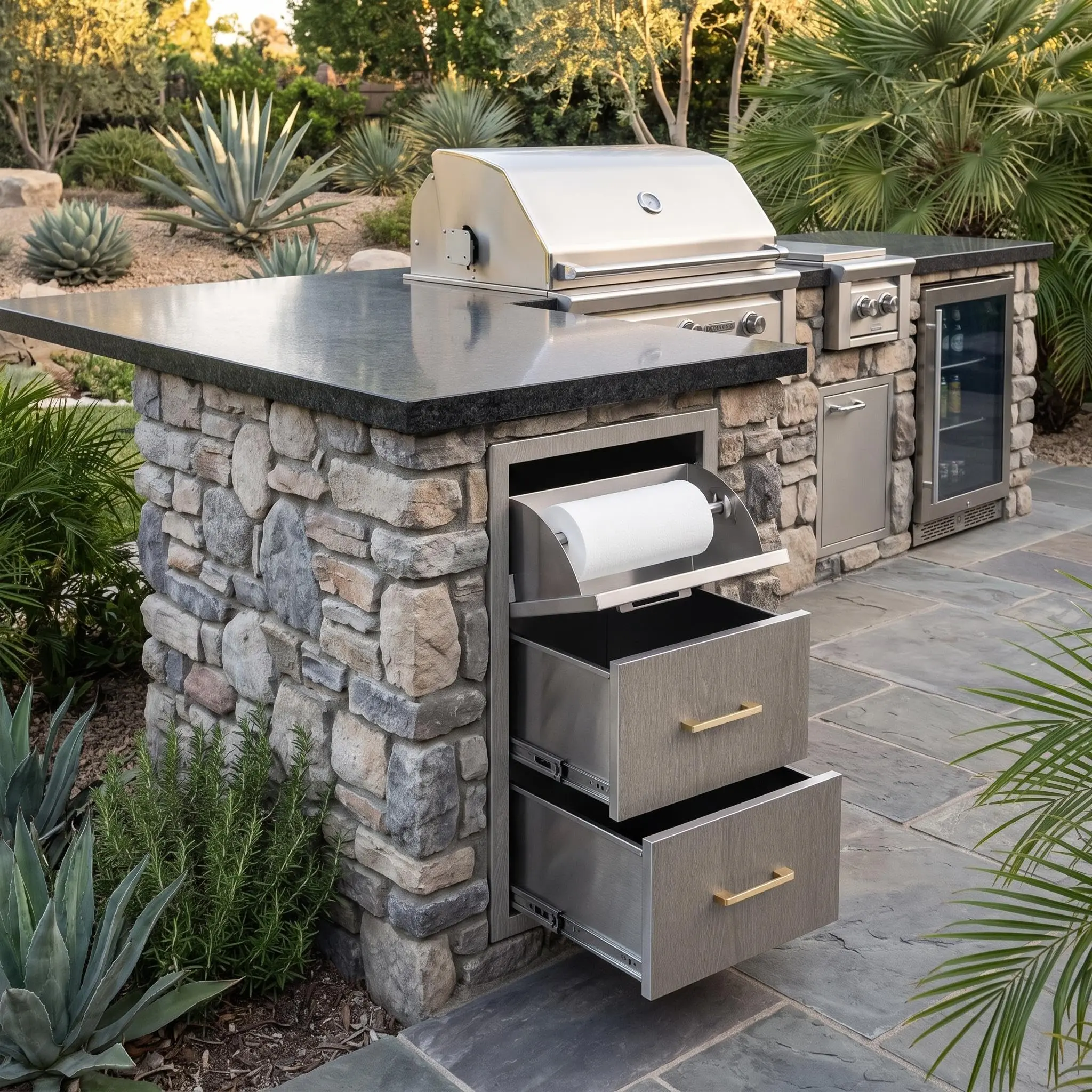 GARVEE Stainless Steel Outdoor Kitchen Heavy-Duty Double Drawers with Built-In Paper Towel Holder, Weather-Resistant Cabinet and Storage Combo for BBQ Island Flush Mount (17"W x 21"D x 30"H)