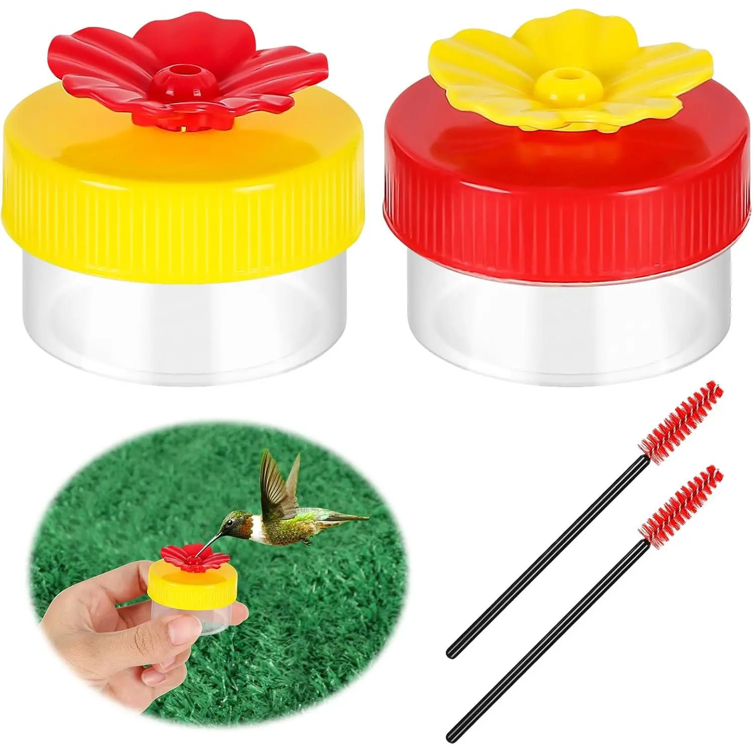 Handheld Small Hummingbird Feeders, 2 count Mini Hummingbird Hand Feeder with Cleaning Brush, Window Plastic Humming Bird feeders for Outdoors