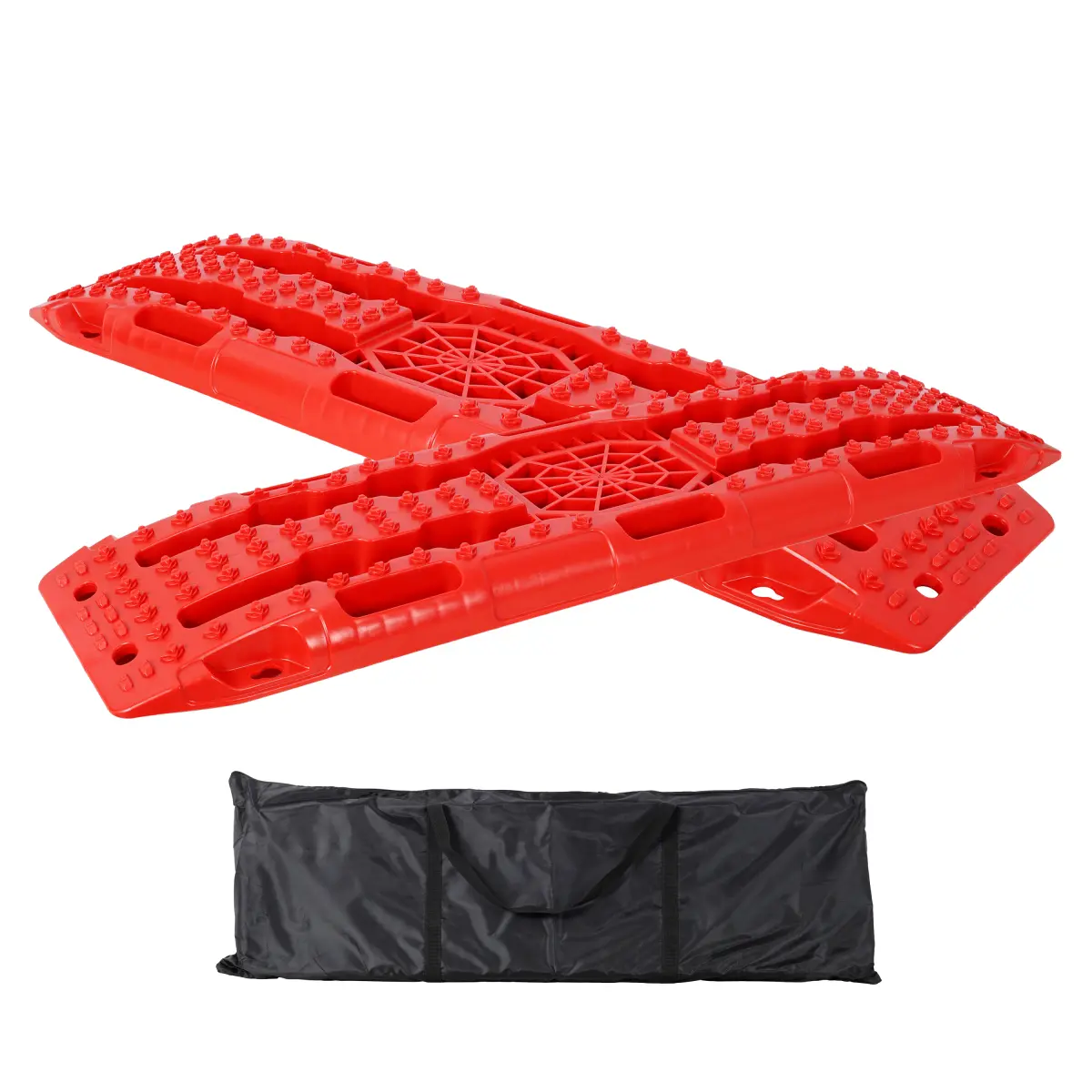 Red Rectangular Heavy-Duty Plastic Off-Road Traction Boards Pair with Integrated Jack Base, Anti-Slip Recovery Tracks with Storage Bag, Space-Saving Emergency Gear for Trucks/SUVs 4WD in Mud, Snow Terrain