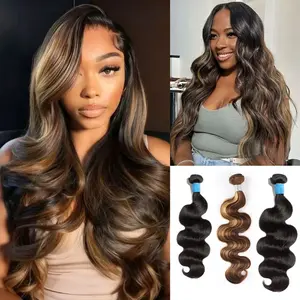 Odbr 12A Peekaboo Highlight Human Hair Bundles, T1B/P4/27 Piano Ombre Color, 100% Virgin Vietnamese Hair Extensions, Shedding-Free Dyeable