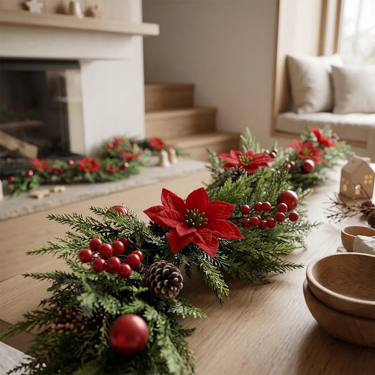 Artificial Norfolk Pine Christmas Garland, Poinsettia, Berries, Pine Cones, Ornaments, Winter Greenery, Decoration Props, Holiday Home Decor