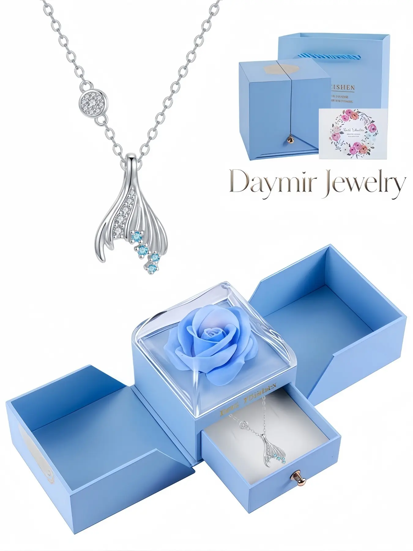 Luxury mermaid‑tail blue diamond necklace symbolizing "You Are My Whole Future". Paired with surprise double‑opening artificial forever‑rose jewelry gift box, perfect gift for birthdays, Valentine’s Day and Christmas celebrations.
