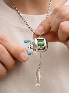 Mini Fishing Reel Pendant Necklace, Stainless Steel Chain, Casual Style, Ideal Gift for Fishing Enthusiasts, All-Season Wear
