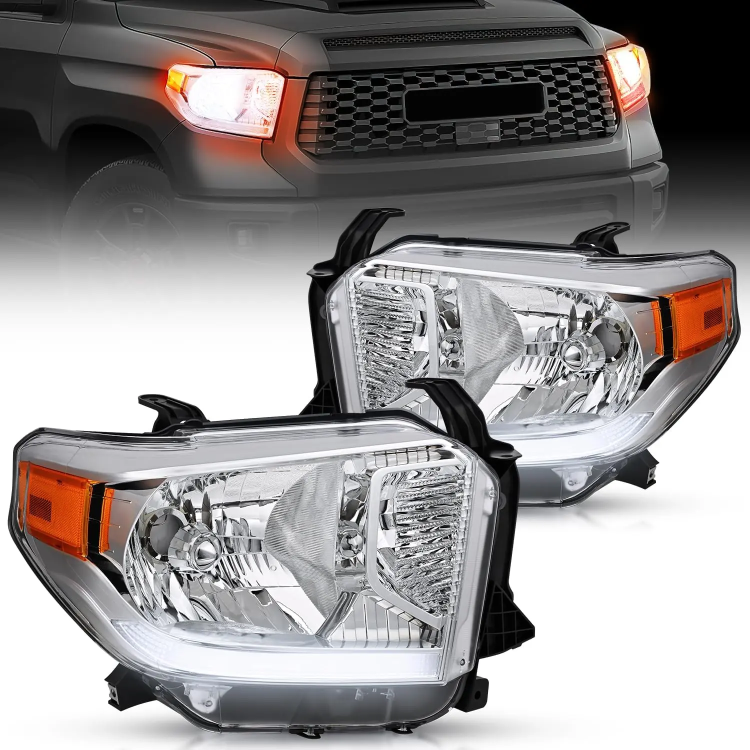 Nilight Headlight Assembly Compatible with 2014 2015 2016 2017 2018 2019 2020 2021 Toyota Tundra Chrome Housing Amber Reflector Clear Lens Bumper Headlamps Replacement Driver and Passenger Side