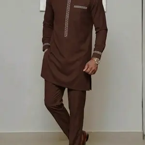Men's 2-Piece Set, Muslim Style Modest Round Neck Long Sleeve Embroidered Kaftan, African Men's Casual Suit, Wedding Festival Business Gift, Outfits, For Muslim, Modesty