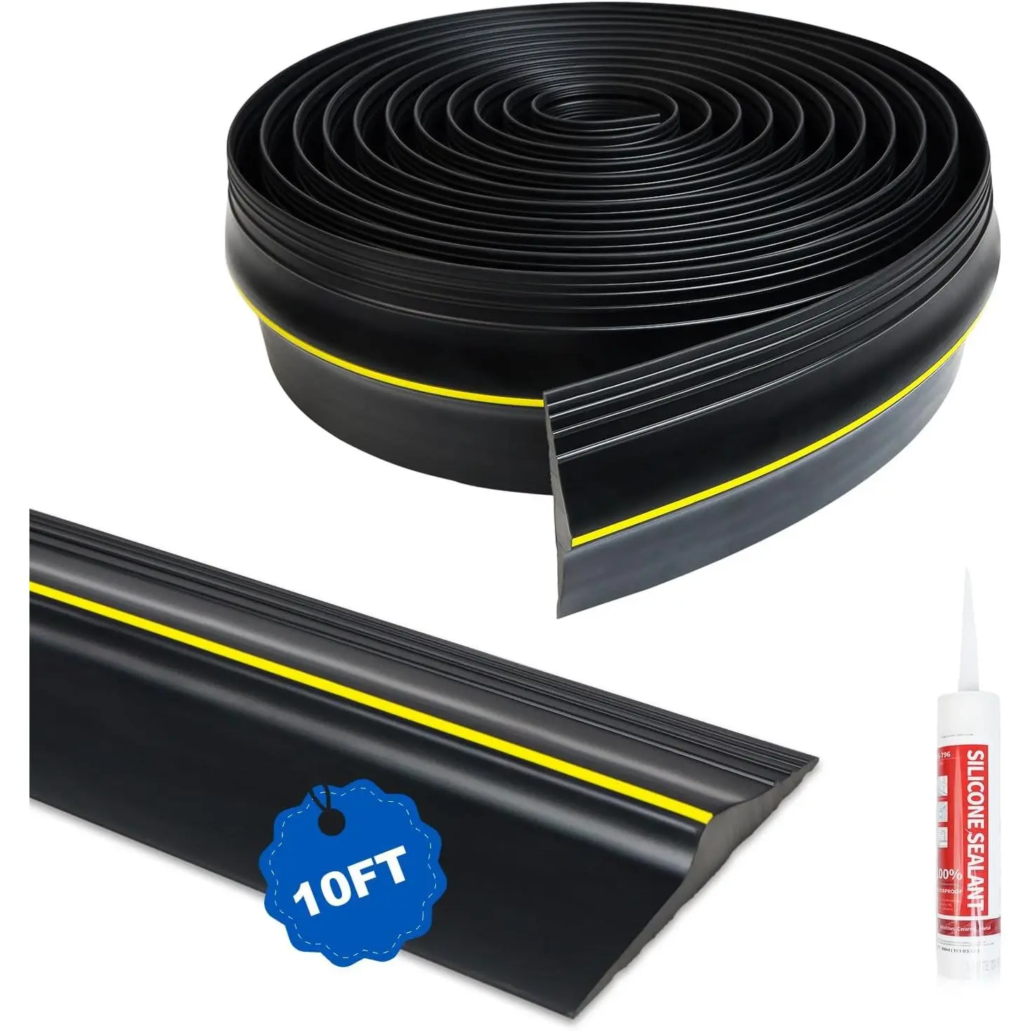 10FT  Garage Door Threshold Seal Strip with Adhesive –  Bottom Rubber Weather Stripping , Heavy Duty DIY Seal for Floor Gap, Black