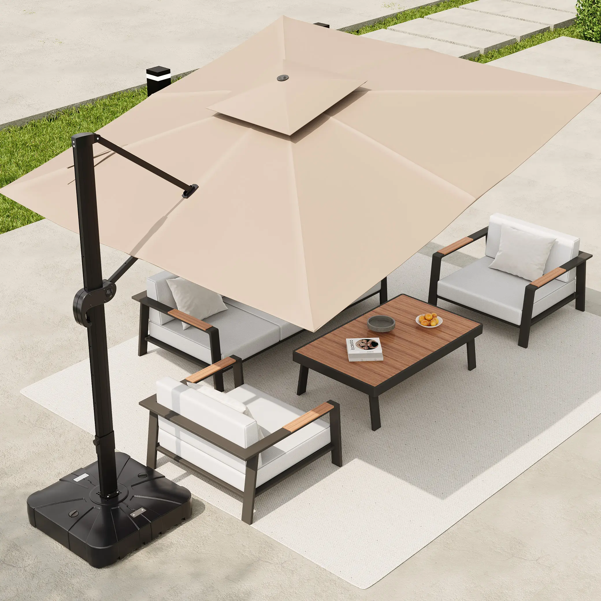 OP- Heavy-Duty 360-Degree Rotating 10x10ft Aluminum Outdoor Umbrella – Square Cantilever Patio Umbrella (Base Included), Height-Adjustable, Double-Tiered Vented Canopy; Suitable for Gardens, Patios, and Poolside Areas