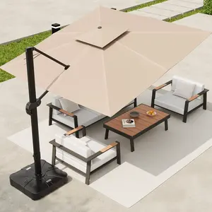 OP- Heavy-Duty 360-Degree Rotating 10x10ft Aluminum Outdoor Umbrella – Square Cantilever Patio Umbrella (Base Included), Height-Adjustable, Double-Tiered Vented Canopy; Suitable for Gardens, Patios, and Poolside Areas