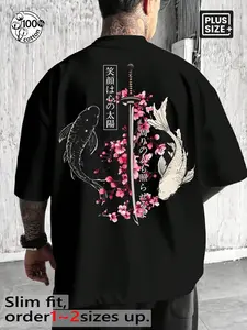 Men's Plus Size 100% Cotton Japanese Koi Sakura Samurai Katana Ukiyo-e Graphic Oversized T-Shirt, Dark Retro Japanese Streetwear Short Sleeve Crew Neck Tee for Summer Daily Wear
