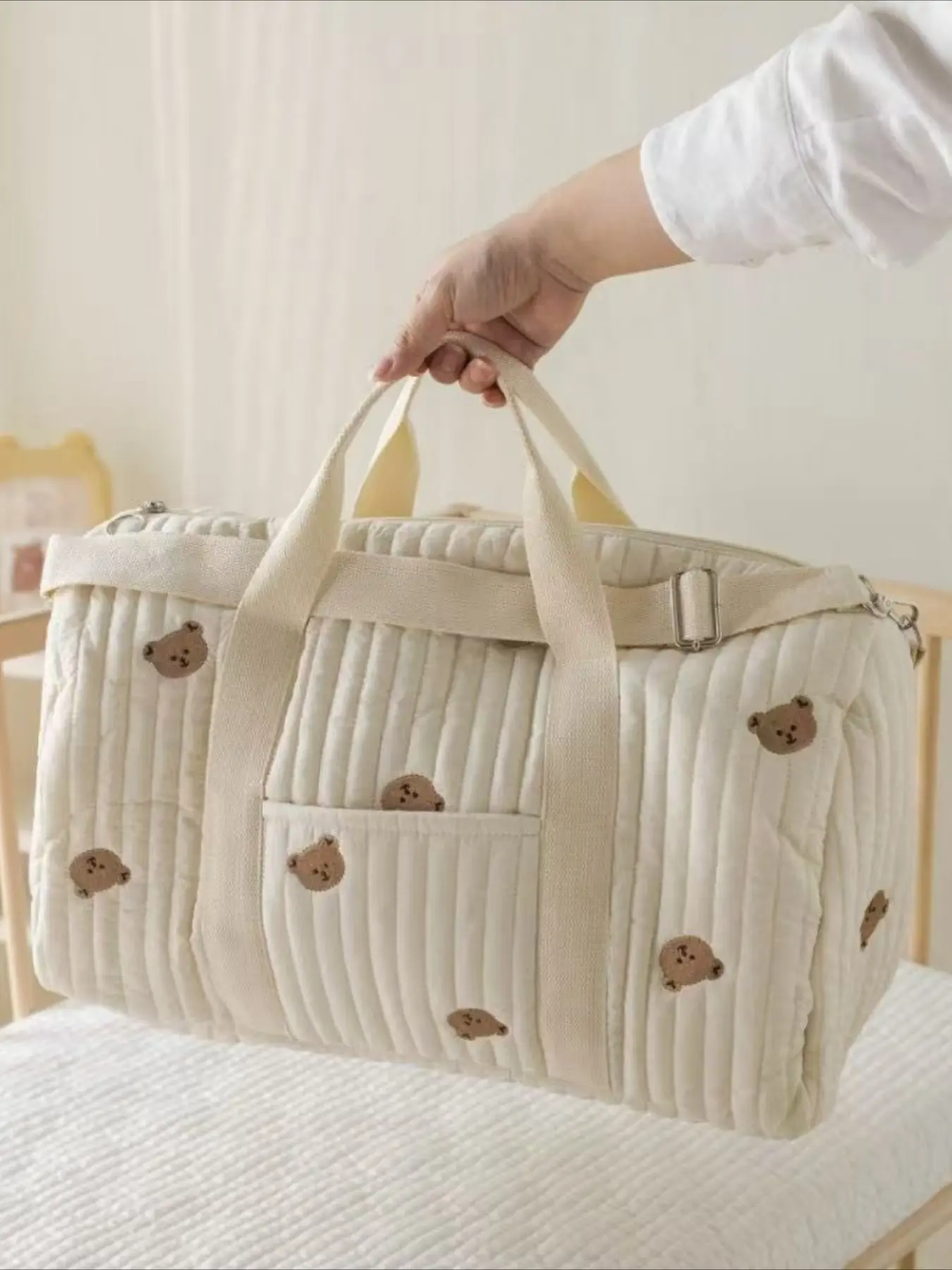 Large Quilted Travel Duffle Bag for Women, Cute Bear Bunny Embroidery, Multi-Compartment, Detachable Strap, All Seasons Use, Overnight Duffel Bag, Weekender Duffel