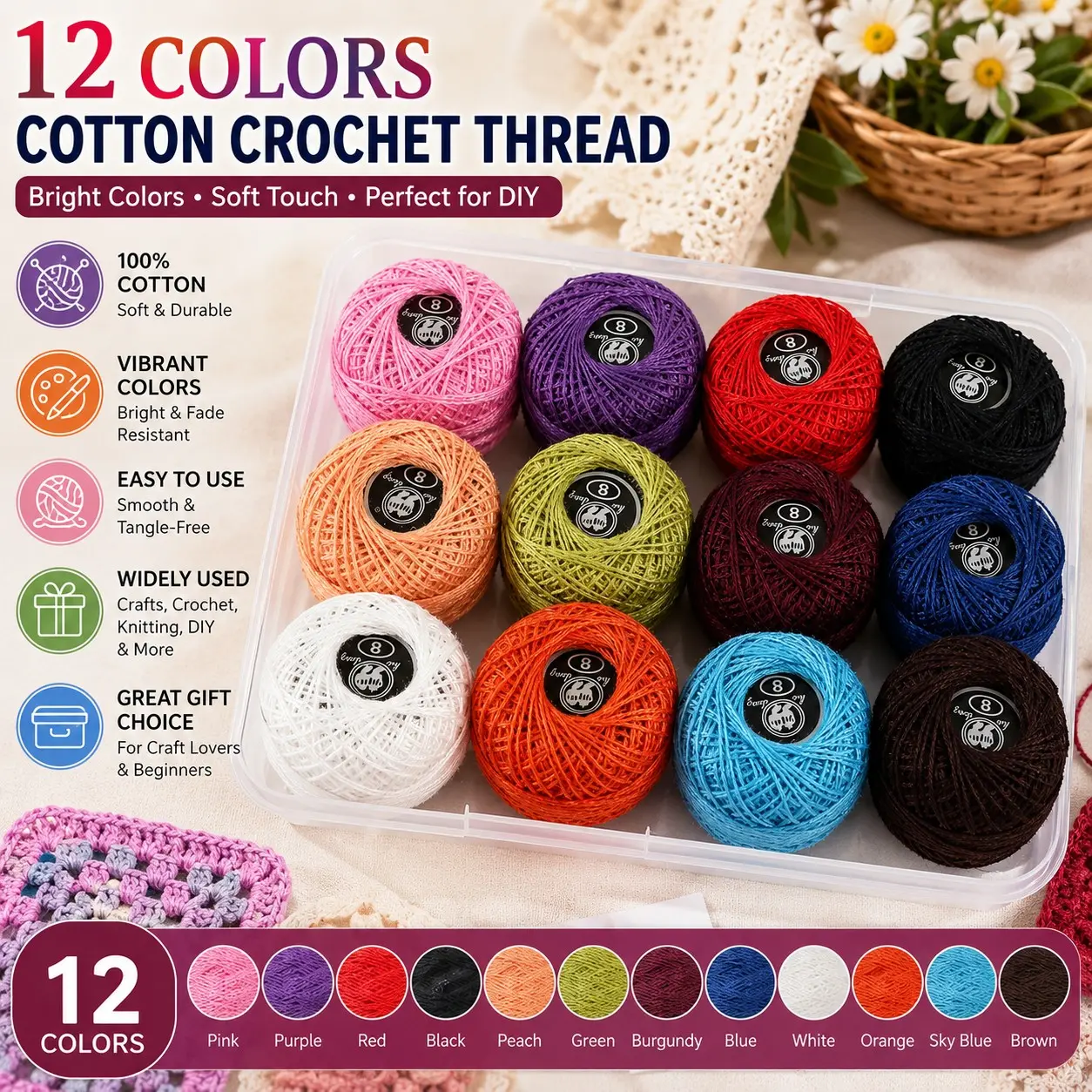 12 Colors DIY Long Yarn Crochet Thread, Cross Stitch Floss, Embroidery Thread, Ideal for Beginners Hand Sewing Projects