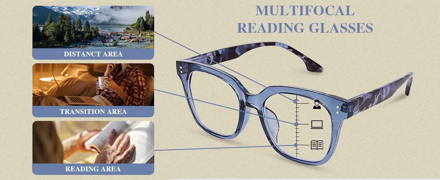 Progressive Multifocus Reading Glasses for Women Men Oversized Anti Blue Light Blocking Readers Square Eyeglasses