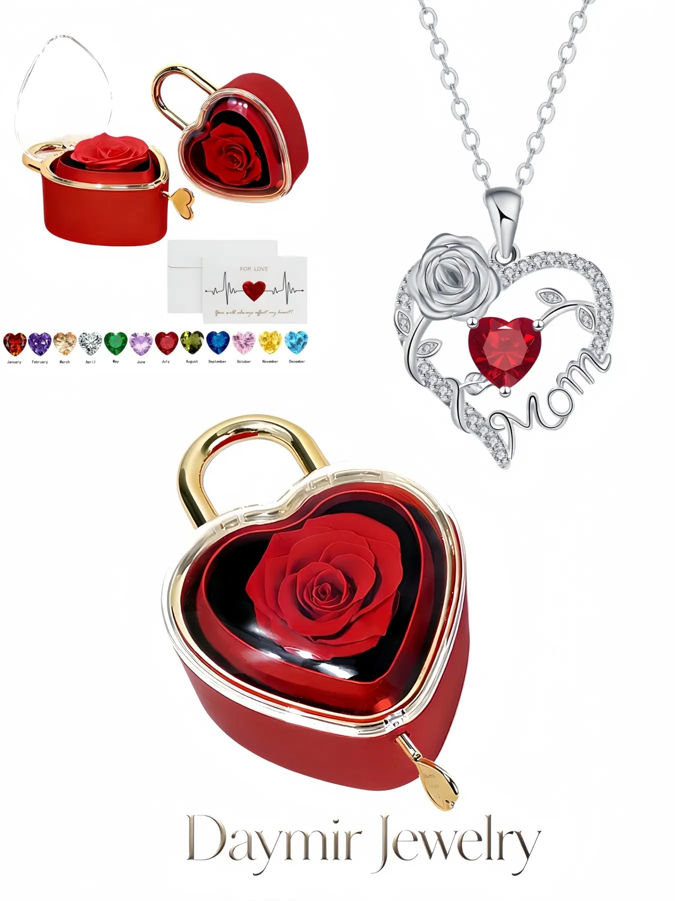 Diamond Shadow Rose · Motherly Heart Necklace, heart-shaped MOM rose gem pendant for women. Packaged in heart-shaped preserved rose jewelry box, ideal gifts for birthdays, Mother’s Day, Valentine’s Day, Christmas and anniversaries.