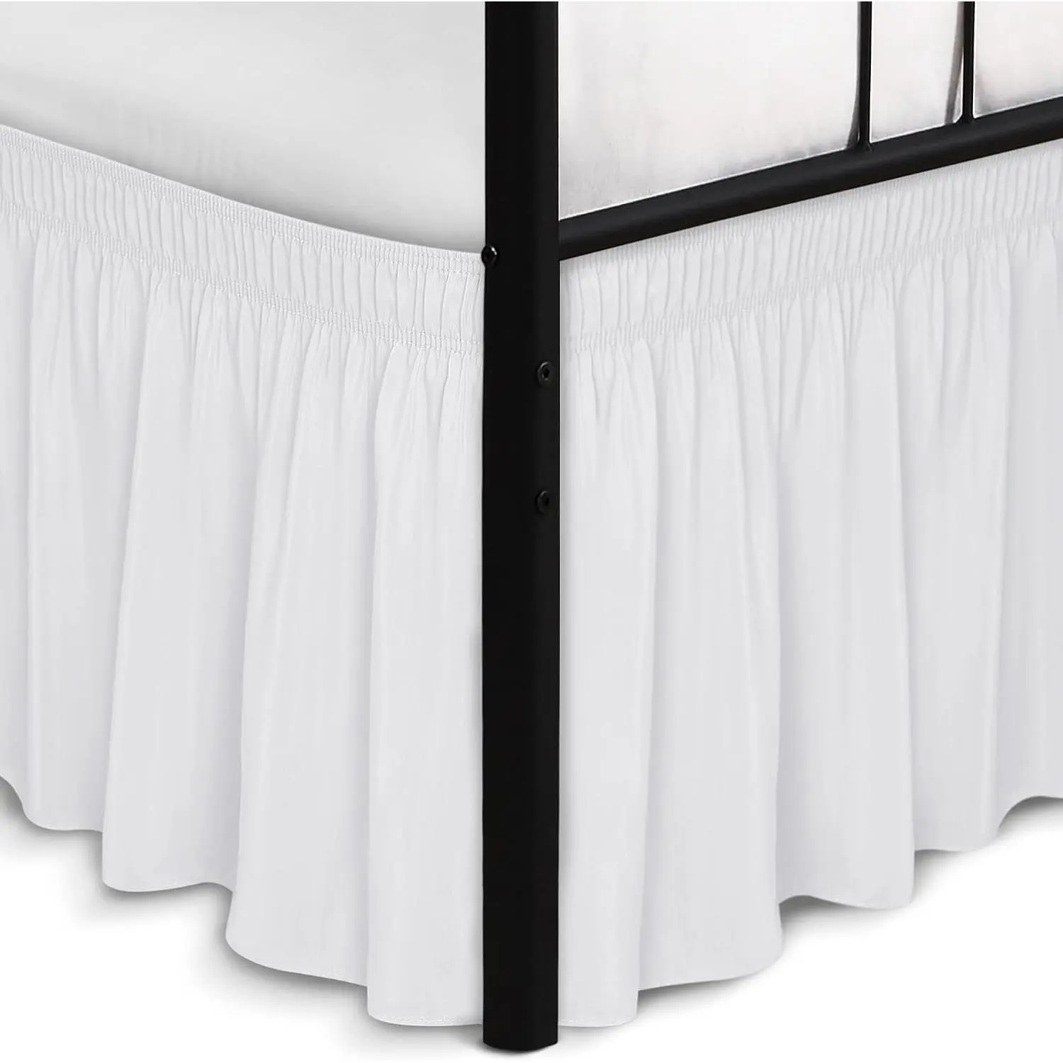 Wrap Around Full Bed Skirt Split Corners 21" Drop, Elastic Long Dust Ruffle, White Adjustable Pleated Bedskirt - Easy Fit Wrinkle Resistant Washable for Hotels Apartments Guest Bedroom Bed Posts