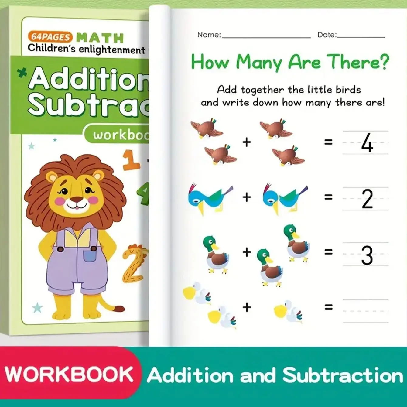 Math Addition Subtraction Workbook, 64 Page Visual Learning Practice, Numbers 1-10, Classroom & Home Education Activity Book