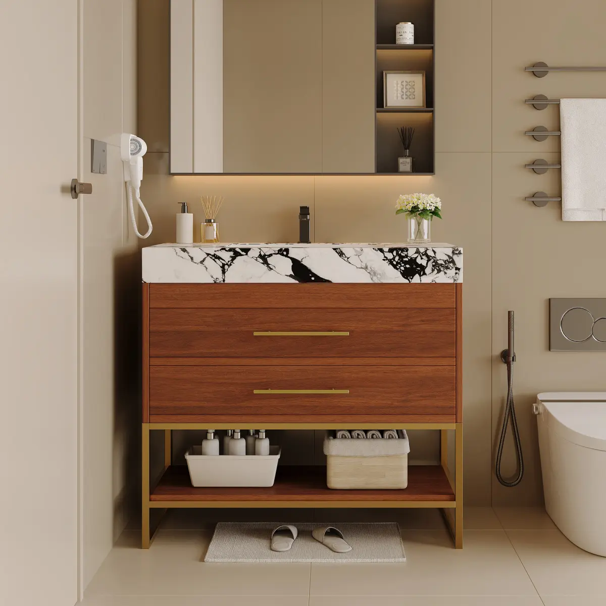 Aobtkel 29.9" Sturdy Wood Compact Floor-Standing Modern Bathroom Vanity with Sintered Stone Top, Ceramic Undermount Sink, Bottom Shelf for Small Bathrooms, Apartments, Condos