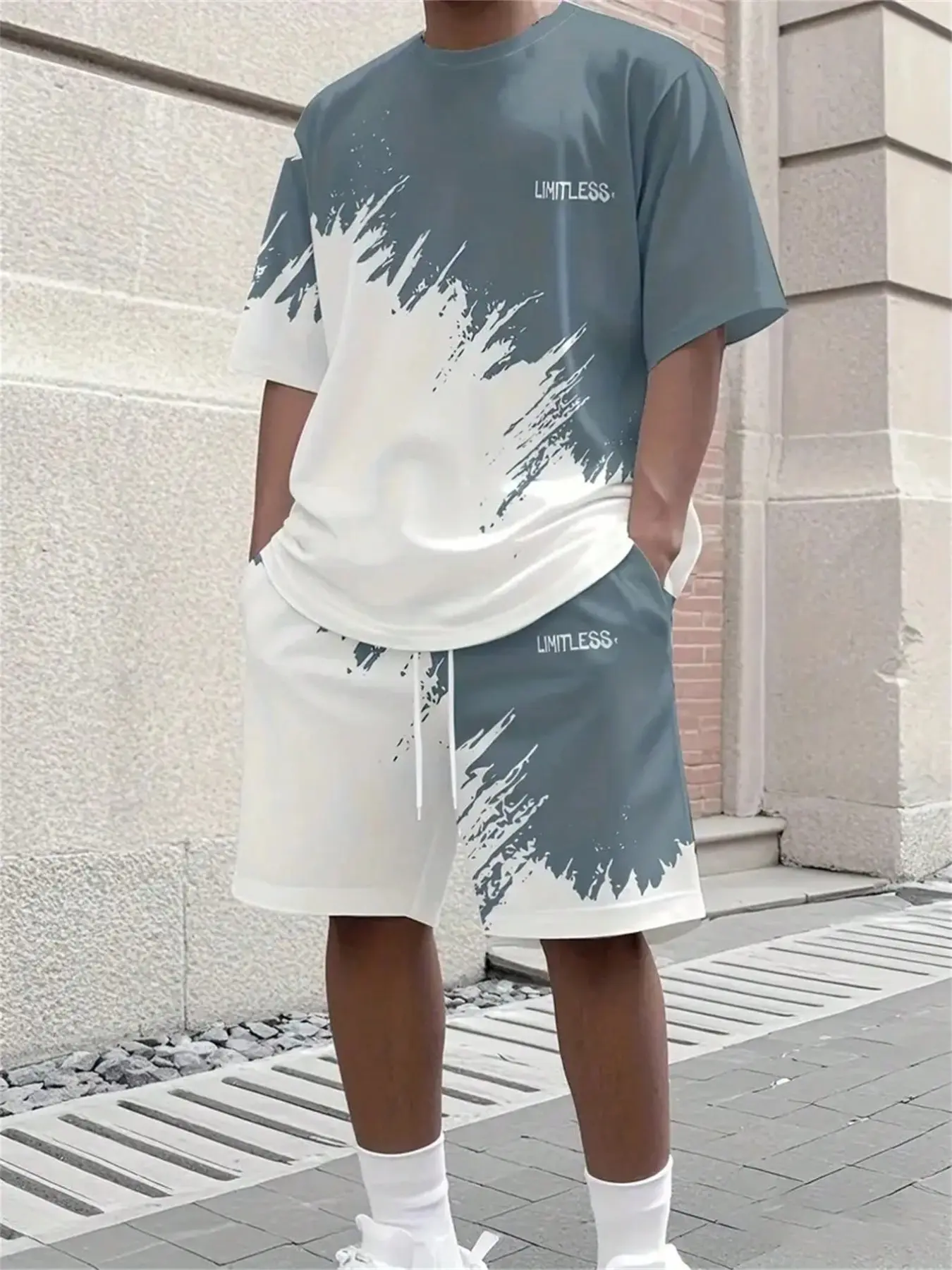 Men's 3D Letter Color-blocked Print two-piece Set, Short-sleeved T-shirt and Drawstring Shorts, Summer Street Style Streetwear Sporty Sportswear set