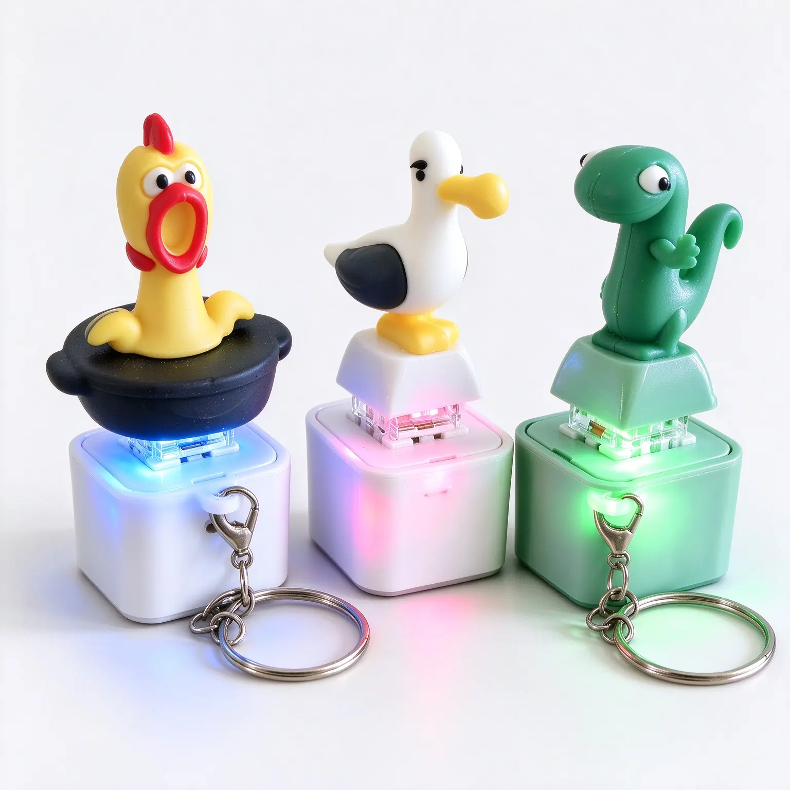3 Pack USB Rechargeable Sound Light Fidget Button Keychain, Screaming Chicken, Seagull, Lizard, Colorful Changing LED Lights, Portable Sensory Anxiety Relief Toy, Mini Keyboard Clicker, Fun Unisex Bag Charm, Novelty Gift for Friends, Kids, Adults