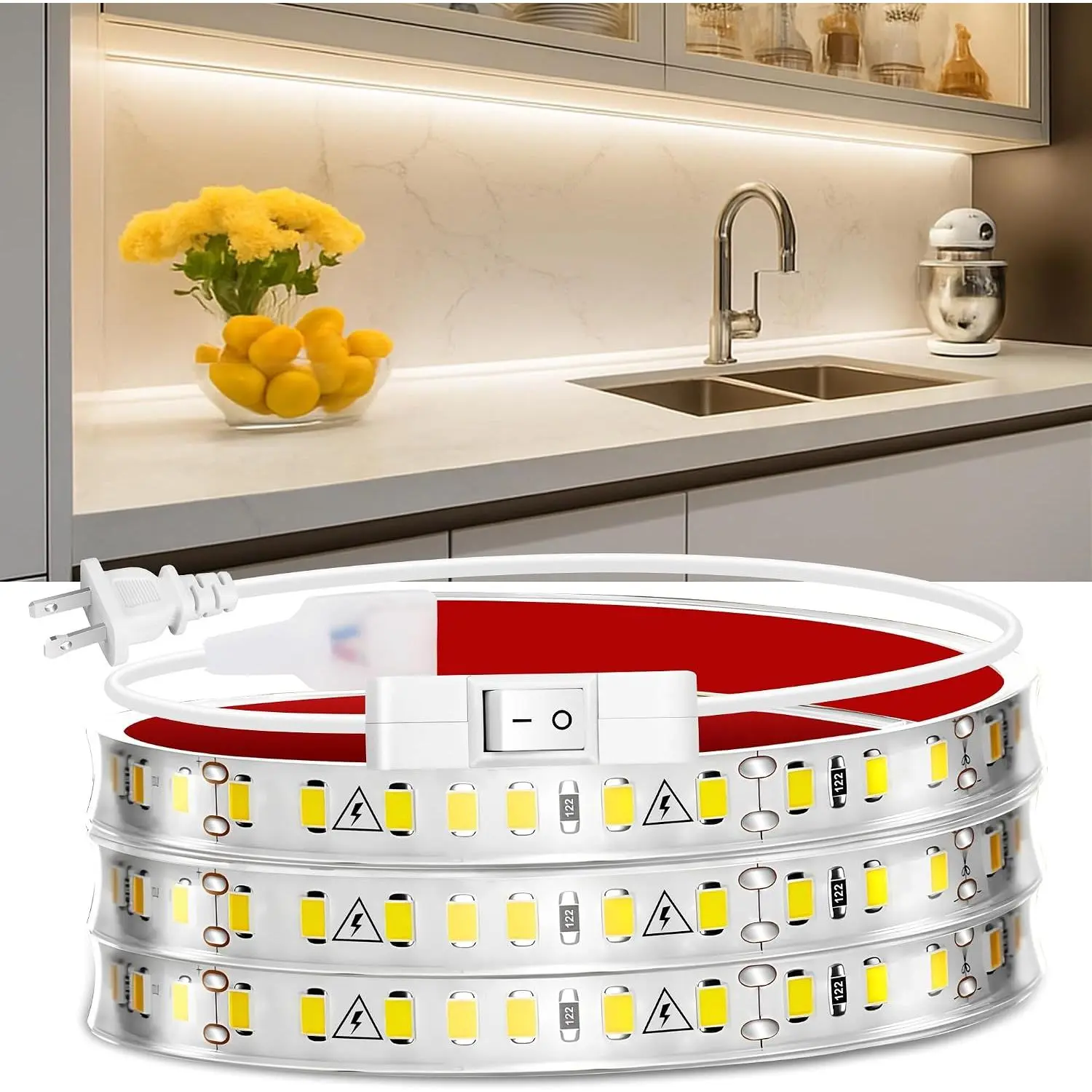 Under Cabinet Strip Lighting Plug in 48in, Ultra Bright Small LED Light Bar, 2700K Warm White, Wired Lights for Kitchen Cabinet, Counter, Workbench, Desk, Closet, Shelf, Indoor