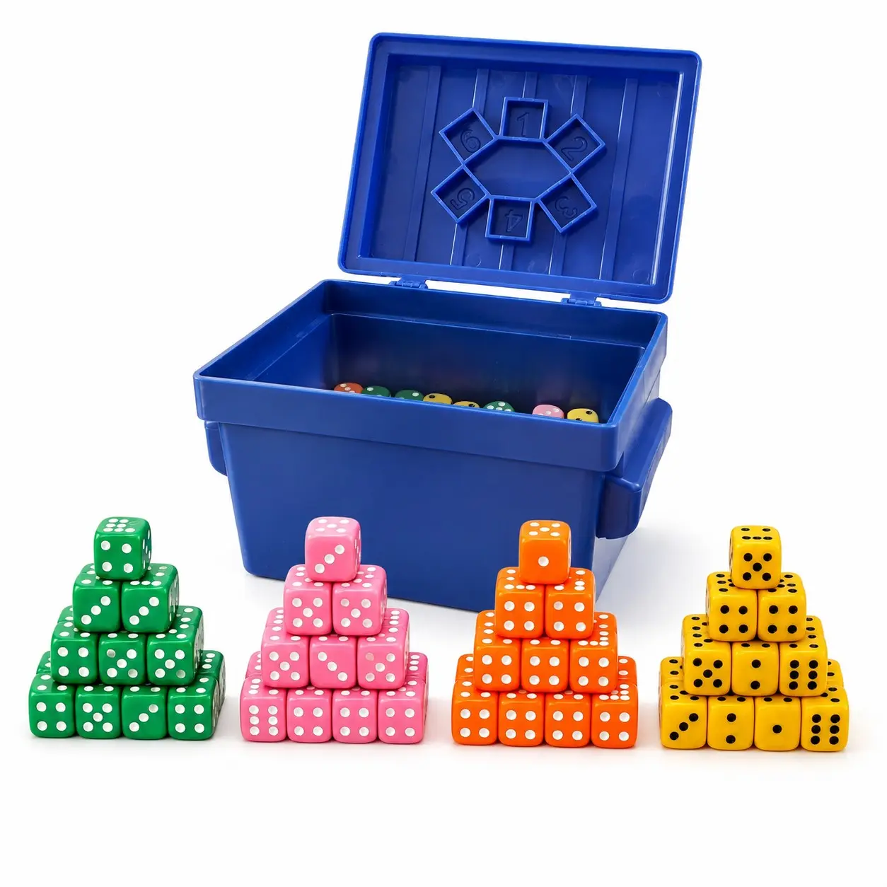 Blue Dice Game Storage Box with 80 Colored Bulk Dice, Portable Dice Cup with Numbered Lid, Party Props for Family Games, Birthday, Christmas