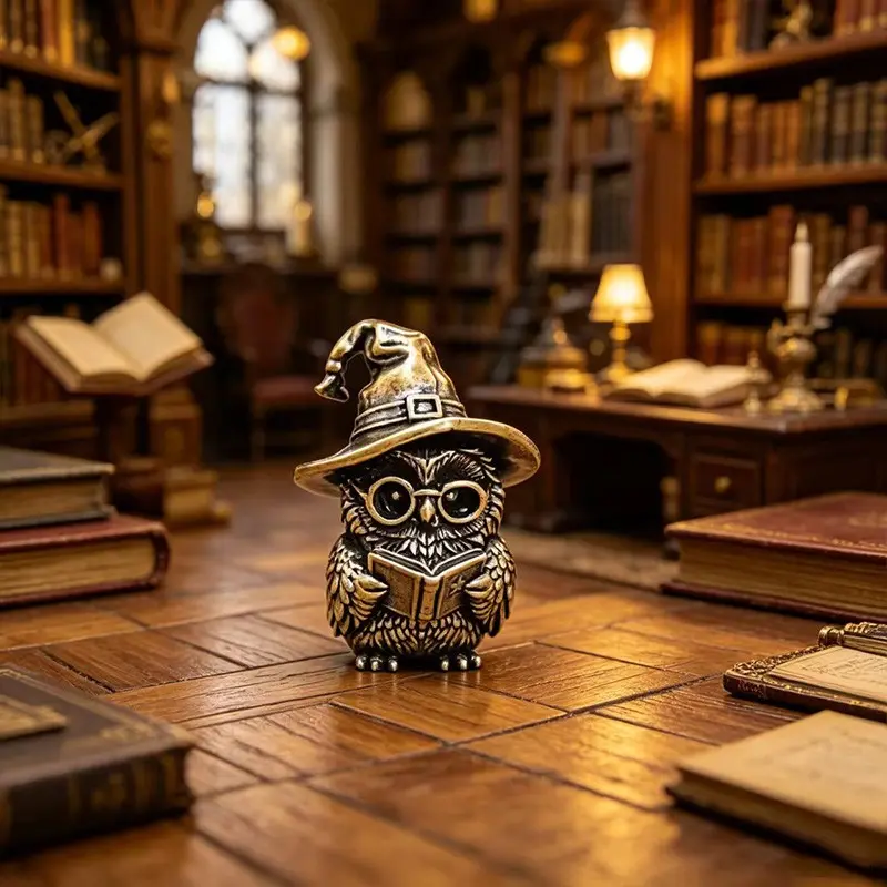 Brass Wizard Owl Statue, Magical Decorative Figurine, Statues For Home Decor, Round Owl with Wizard Hat, Vintage Glasses, Reading Book, Perfect for Retro American Walnut Desk, Coffee Corner