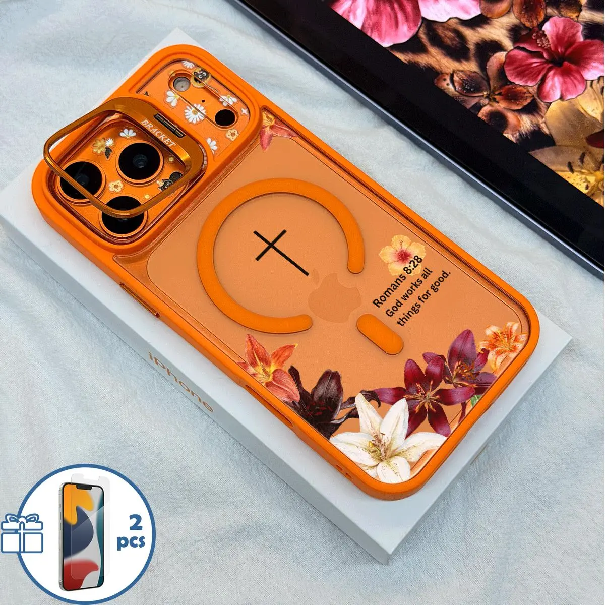 Pink Floral Cross MagSafe Shockproof Phone Case with Camera Foldable Stand, Magnetic Anti-Scratch Cover Compatible for iPhone 17 Pro Max/16/15 & Samsung Galaxy Series Models, Come with 2 Pcs Free Tempered Glass Screen Protector Full Coverage
