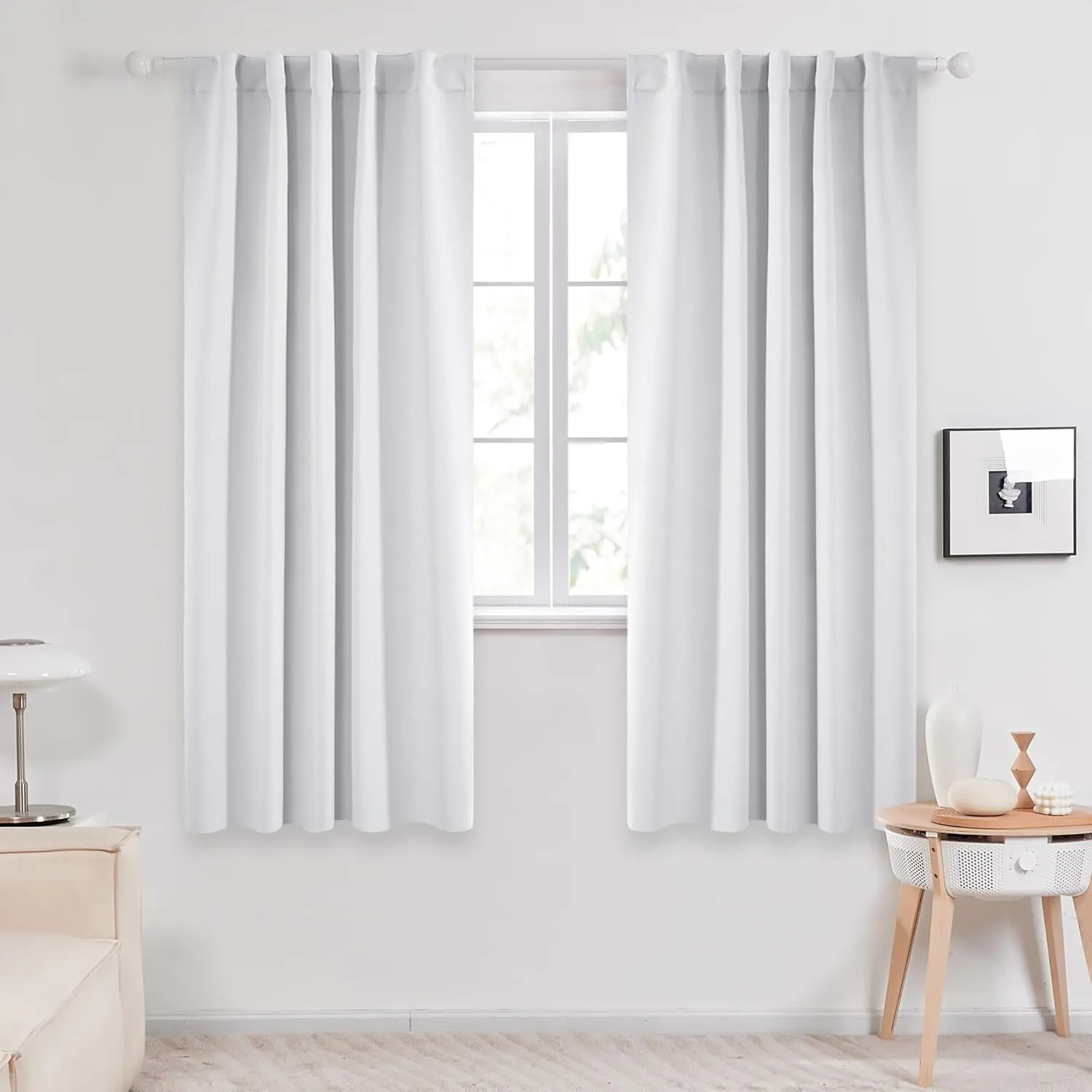 Pleated Modern Blackout Room Darkening Pure White Curtains for Living Room, Light Filtering Thermal Drapes (42W x 63L Inch Pack of 2), Back Tab-Rod Window Curtains, Machine Washable, Dry Low or Line Dry, Do Not Bleach, Pleated Curtains, 42W X 63L (Pack Of